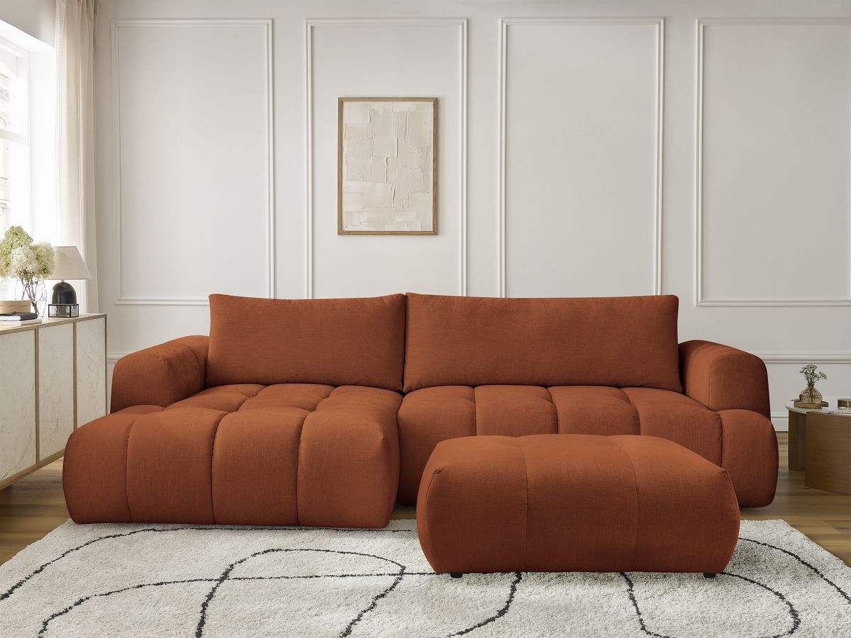 Canapé d'angle fixe EVEREST tissu chiné - Orange - Angle droit - 10 coussins