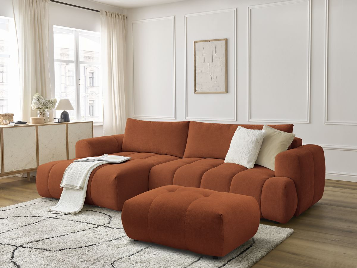 Canapé d'angle fixe EVEREST tissu chiné - Orange - Angle droit - 10 coussins
