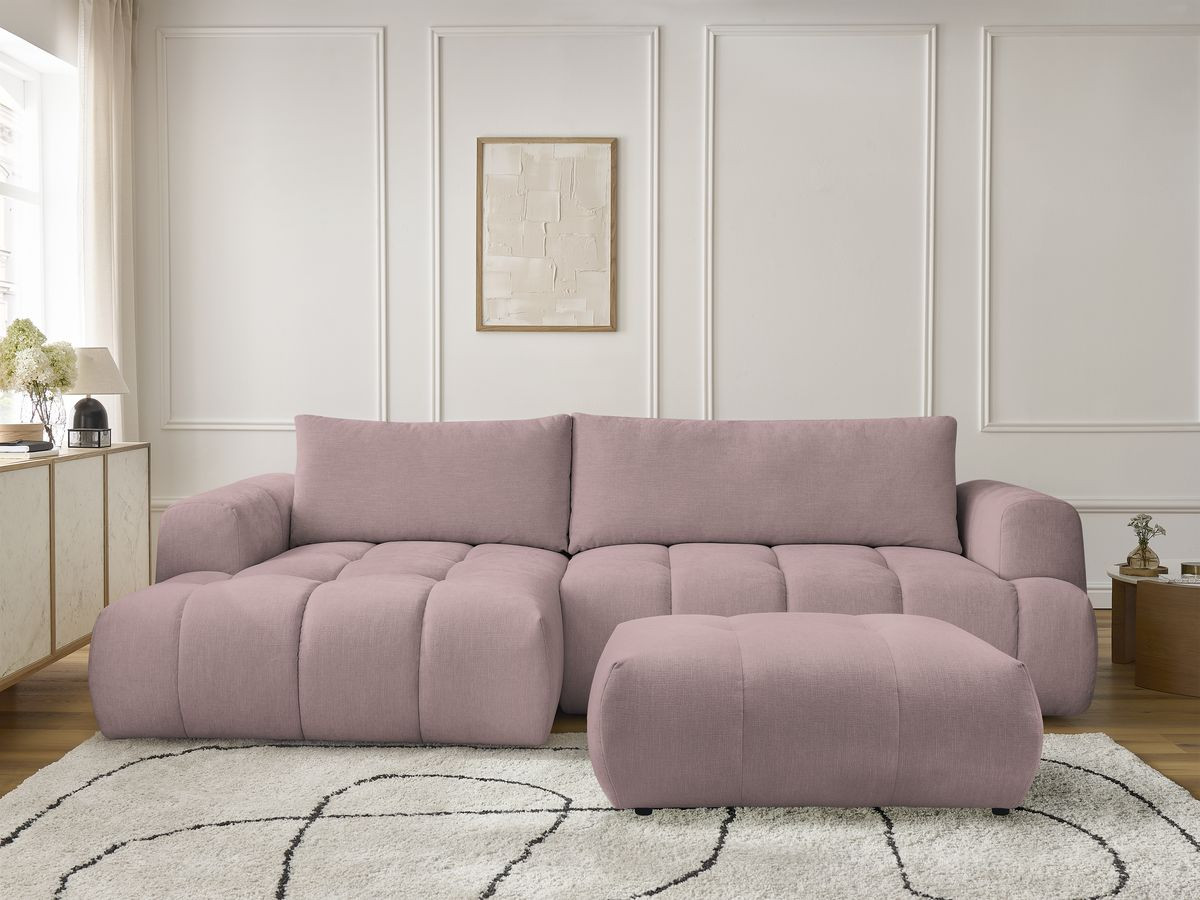 Canapé d'angle convertible FUJI tissu lisse avec pouf