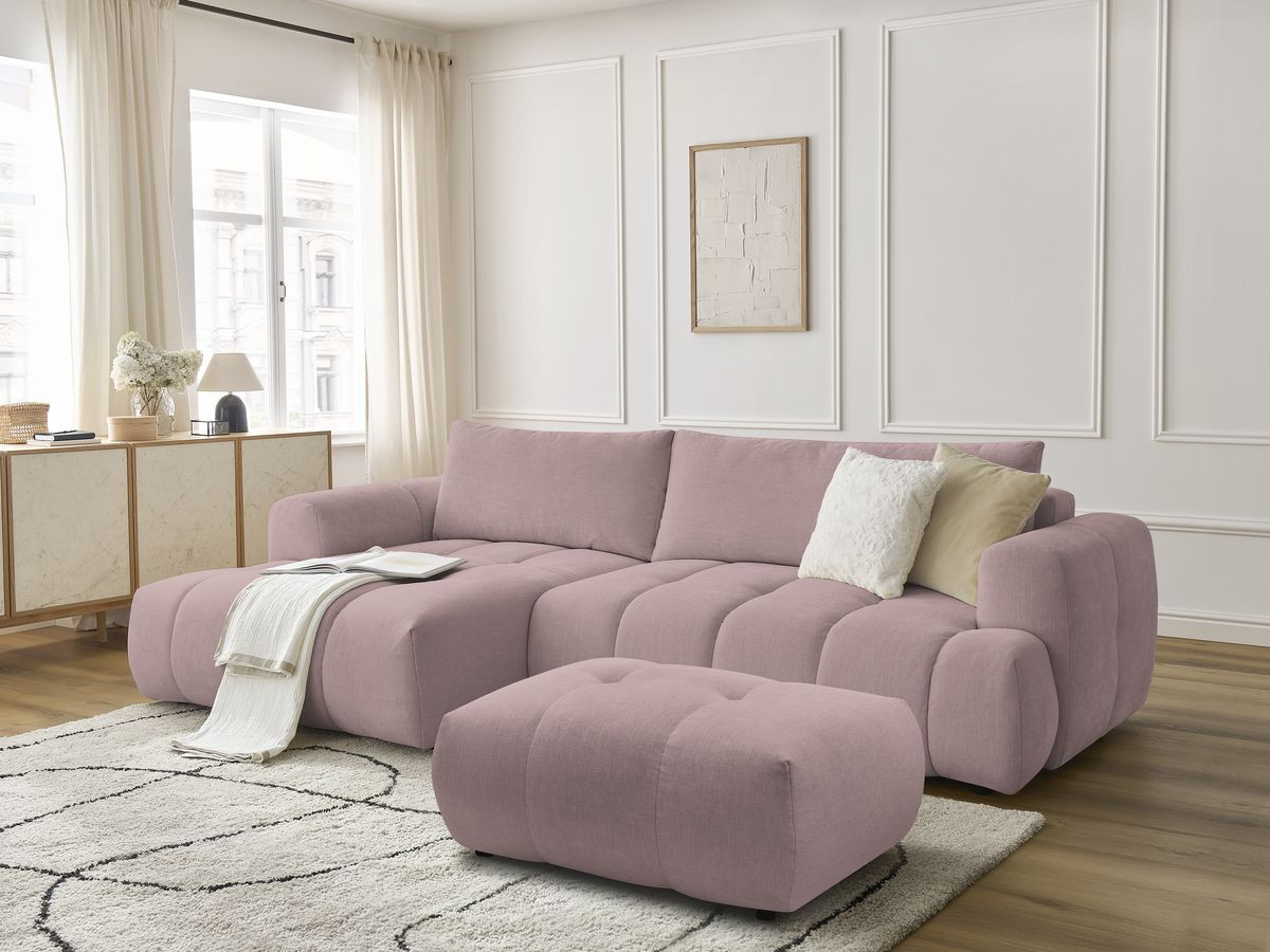 Canapé d'angle convertible FUJI tissu lisse avec pouf