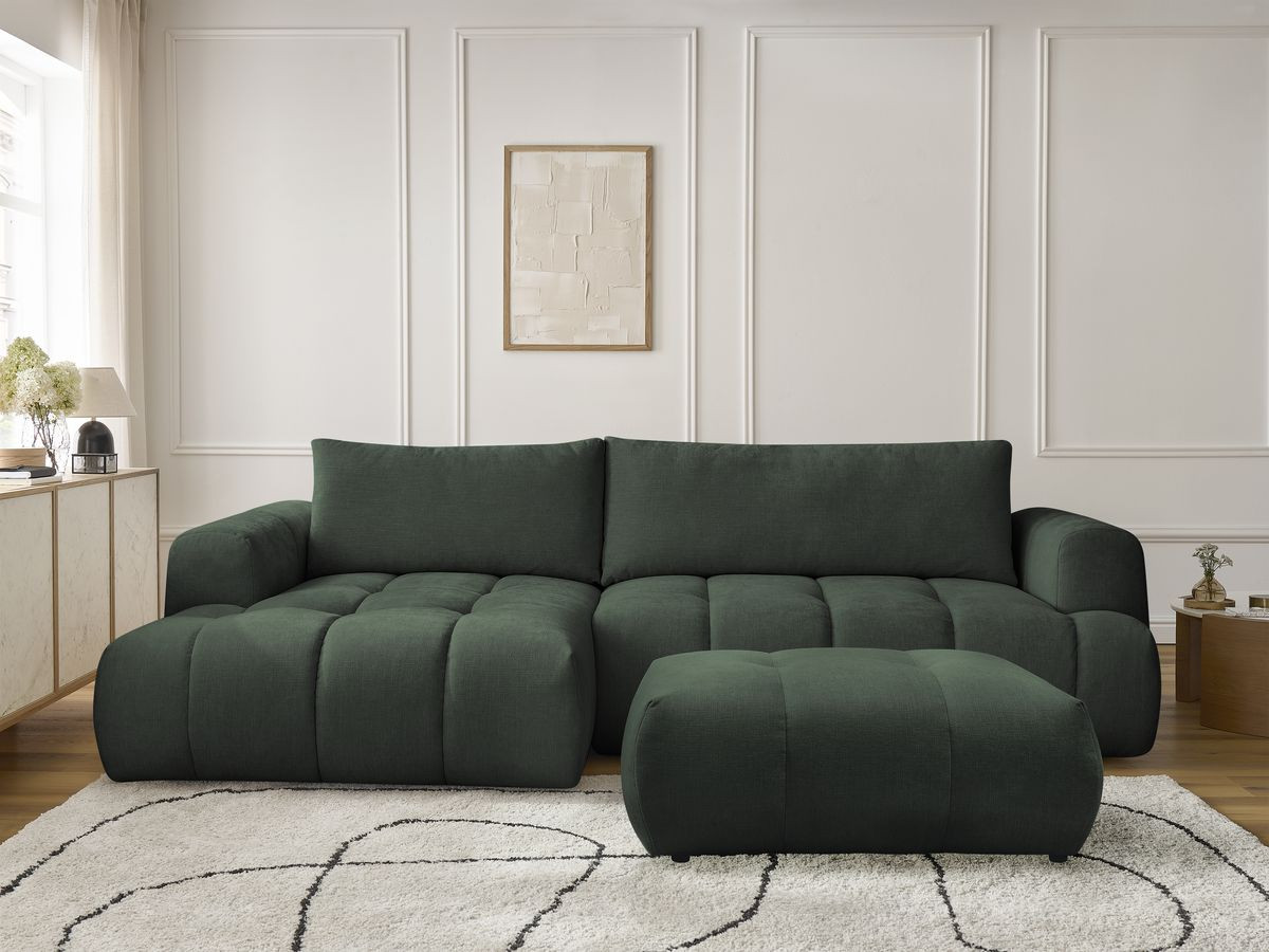 Canapé d'angle convertible FUJI tissu lisse avec pouf