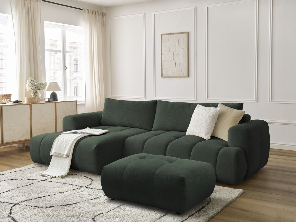 Canapé d'angle convertible FUJI tissu lisse avec pouf