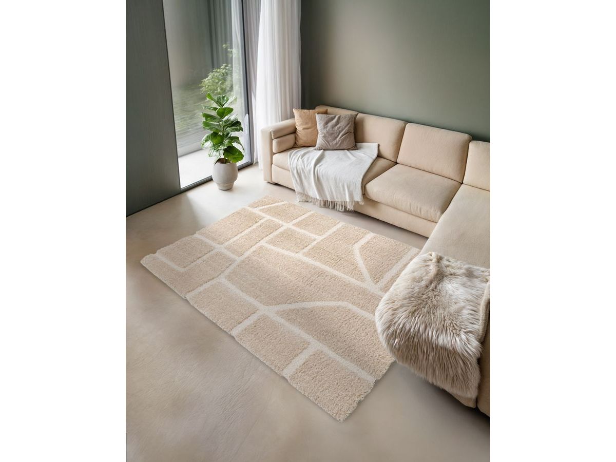 Tapis poils longs MARINA motif graphique beige — vue 4