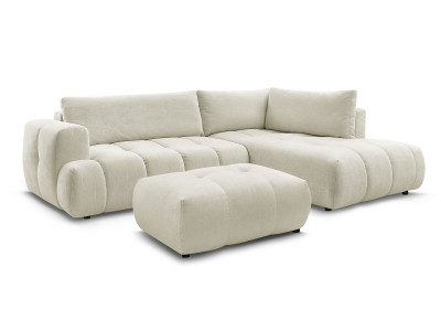 Canapé d'angle L convertible FUJI tissu lisse avec pouf