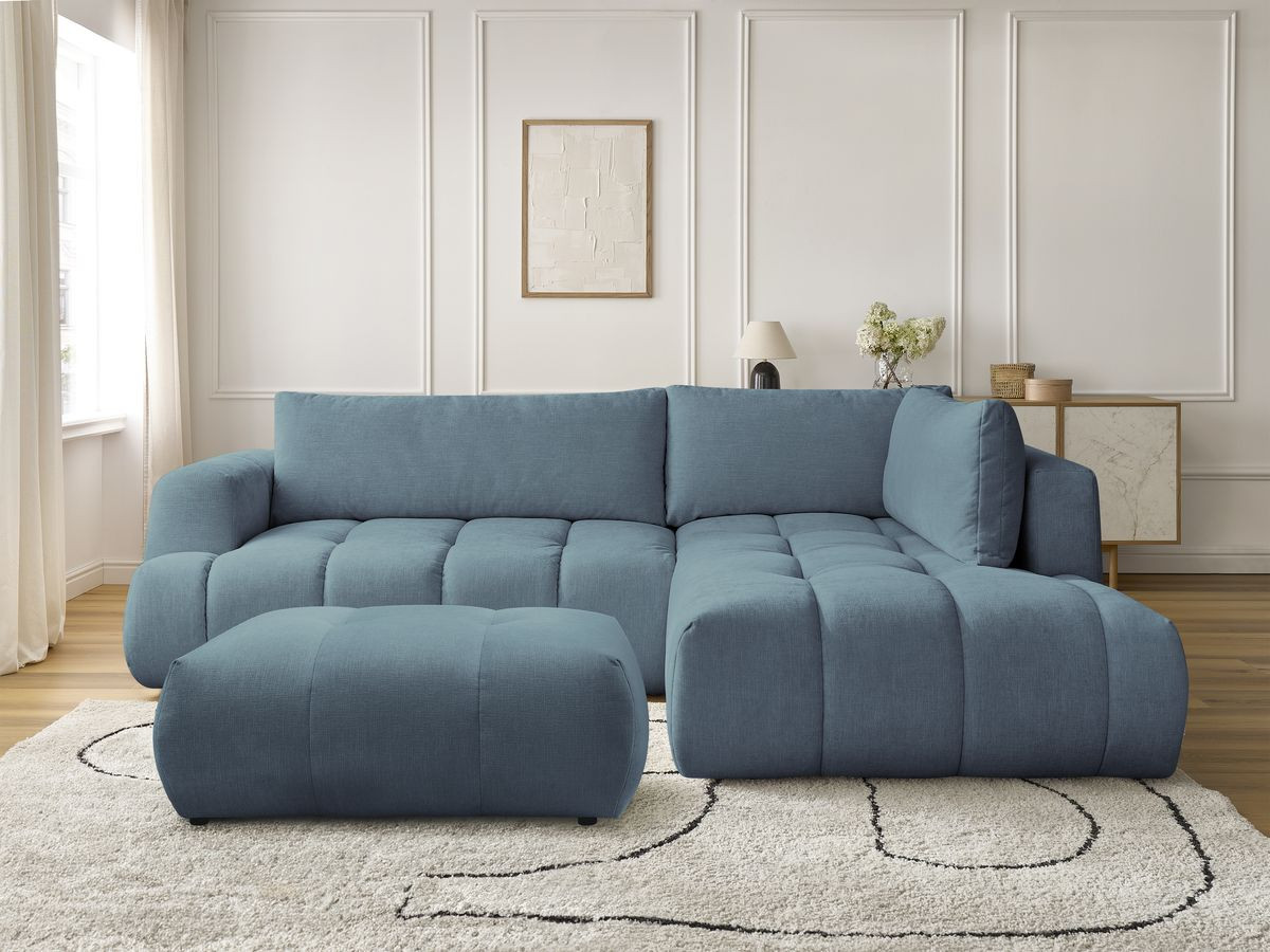 Canapé d'angle L convertible FUJI lisse avec pouf bleu clair — vue 5