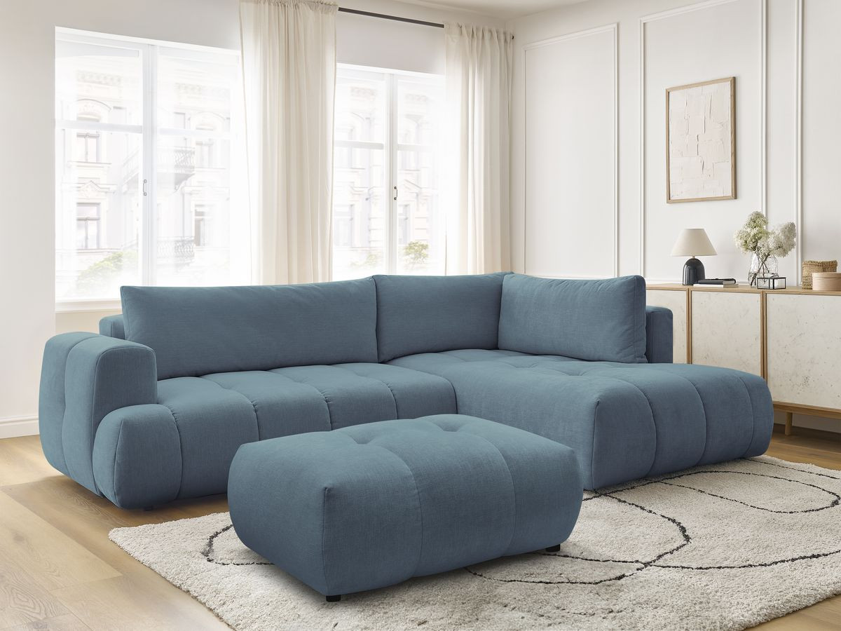 Canapé d'angle L convertible FUJI tissu lisse avec pouf