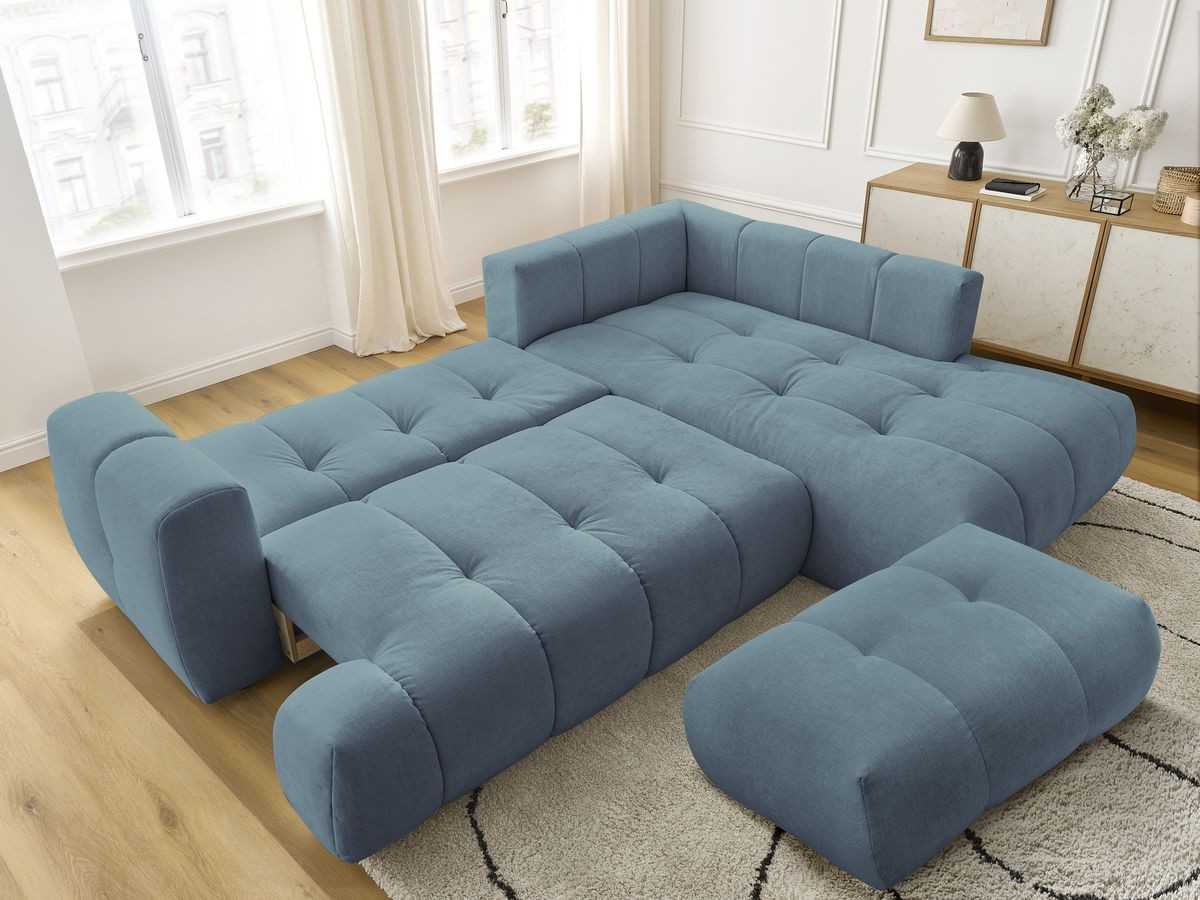 Canapé d'angle L convertible FUJI tissu lisse avec pouf