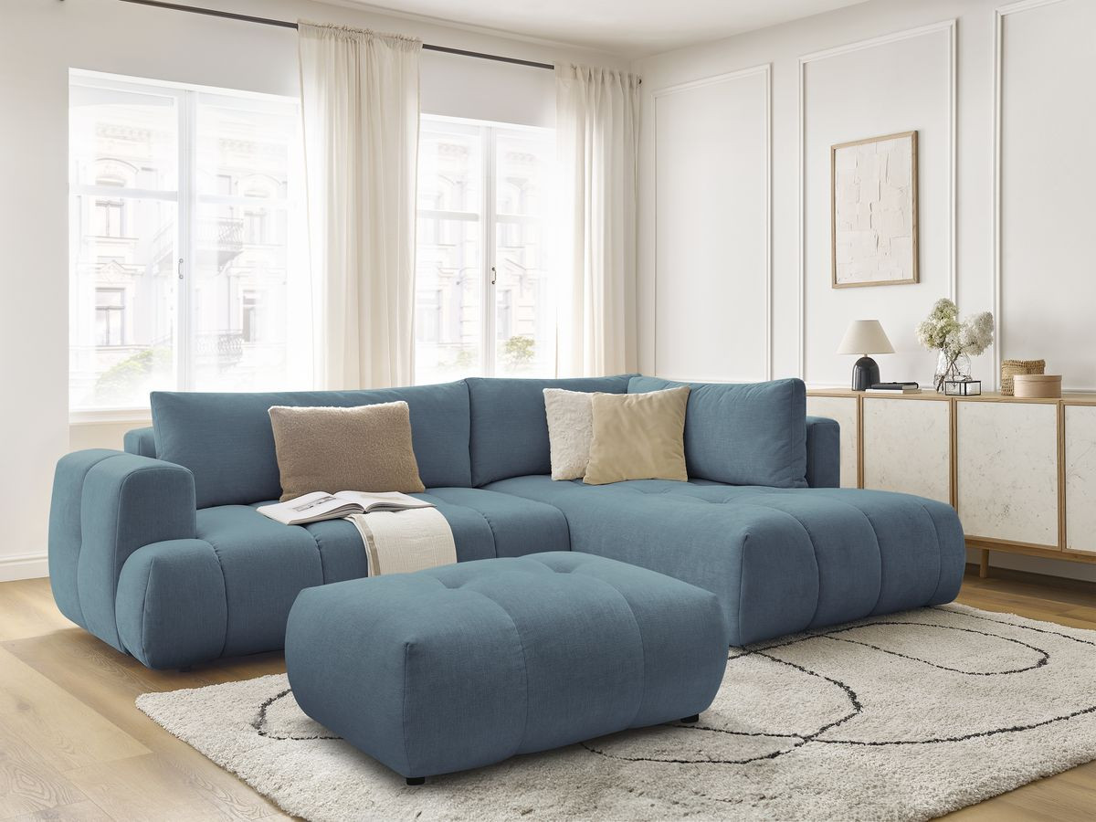Canapé d'angle L convertible FUJI tissu lisse avec pouf