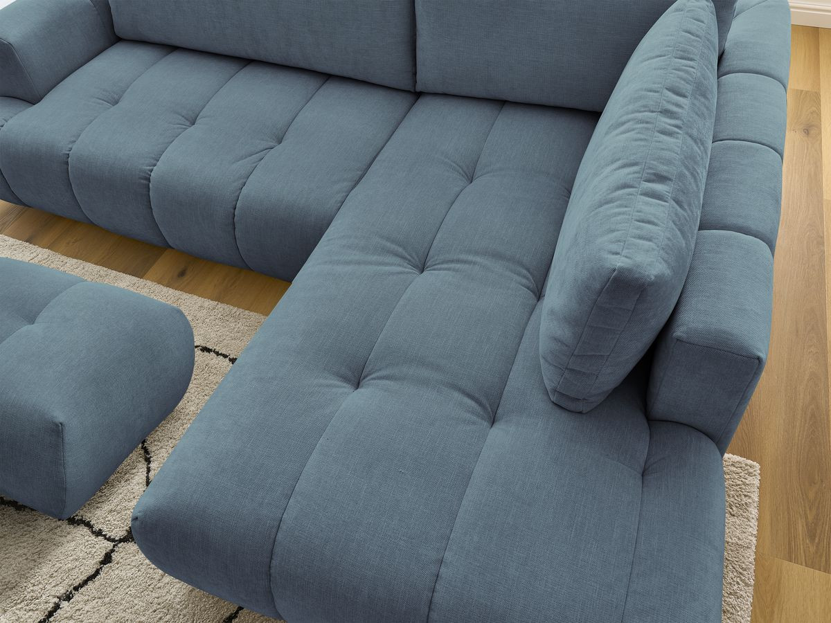 Canapé d'angle L convertible FUJI tissu lisse avec pouf