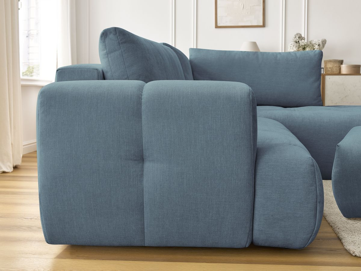 Canapé d'angle L convertible FUJI tissu lisse avec pouf