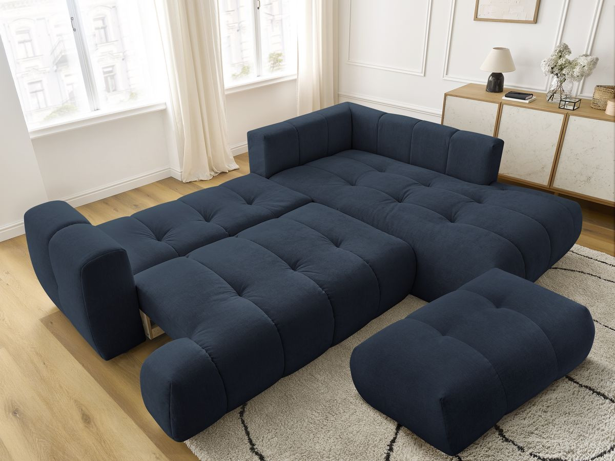 Canapé d'angle L convertible FUJI tissu lisse avec pouf