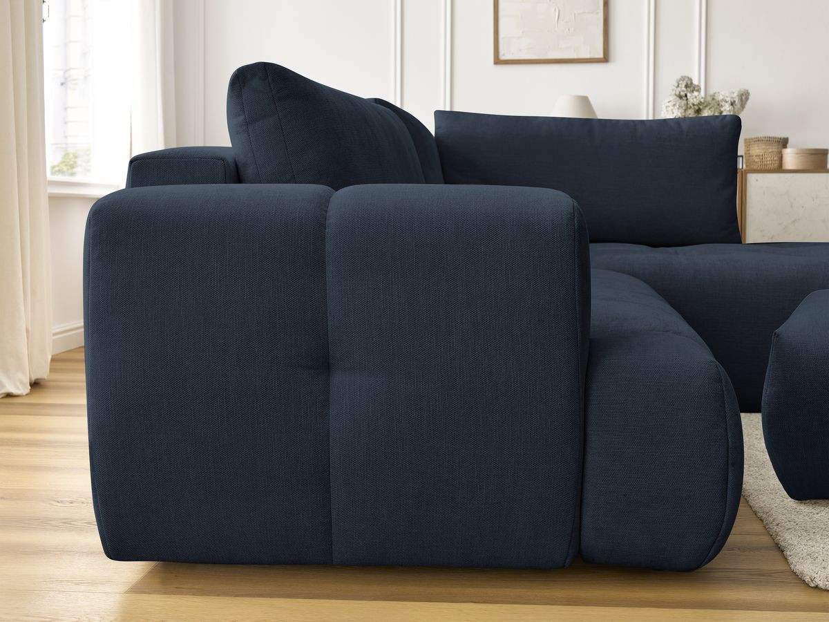Canapé d'angle L convertible FUJI tissu lisse avec pouf