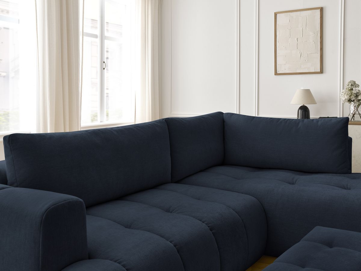 Canapé d'angle L convertible FUJI tissu lisse avec pouf
