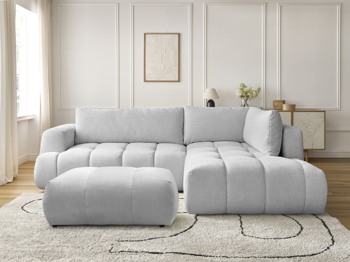 Canapé d'angle L convertible FUJI lisse avec pouf gris clair — vue 5