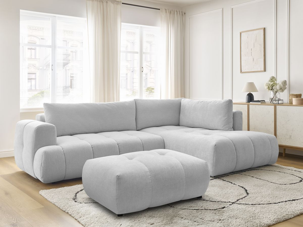 Canapé d'angle L convertible FUJI tissu lisse avec pouf