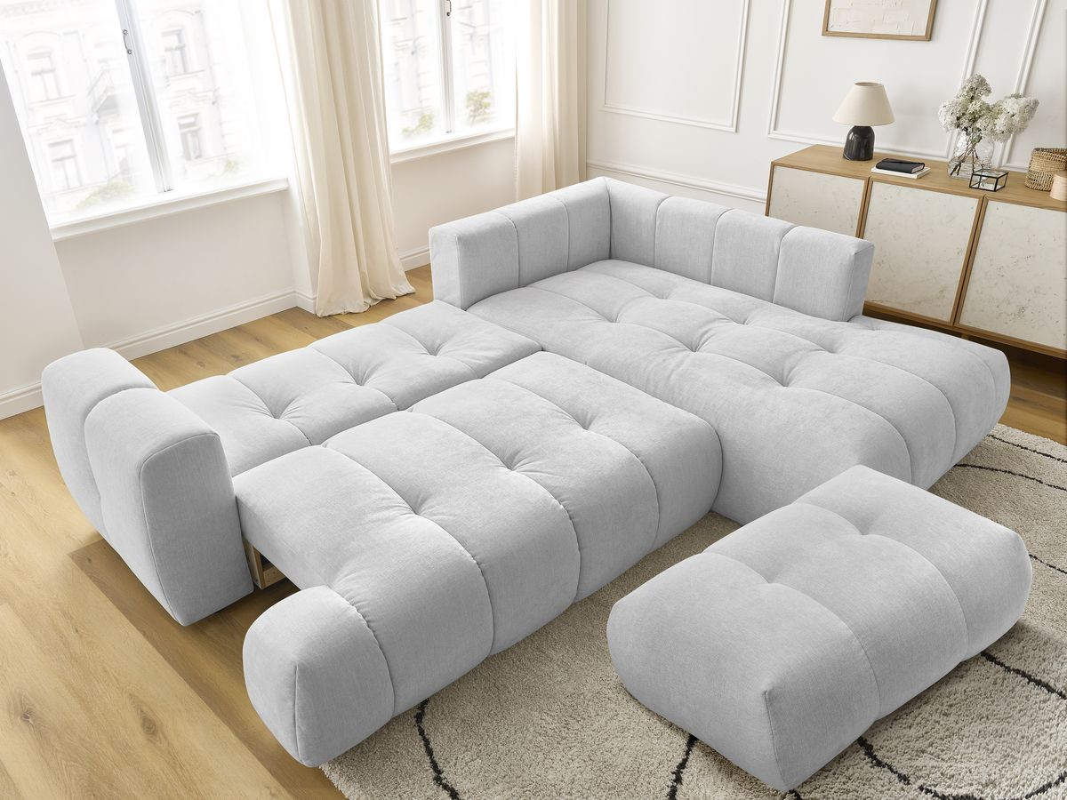 Canapé d'angle L convertible FUJI tissu lisse avec pouf