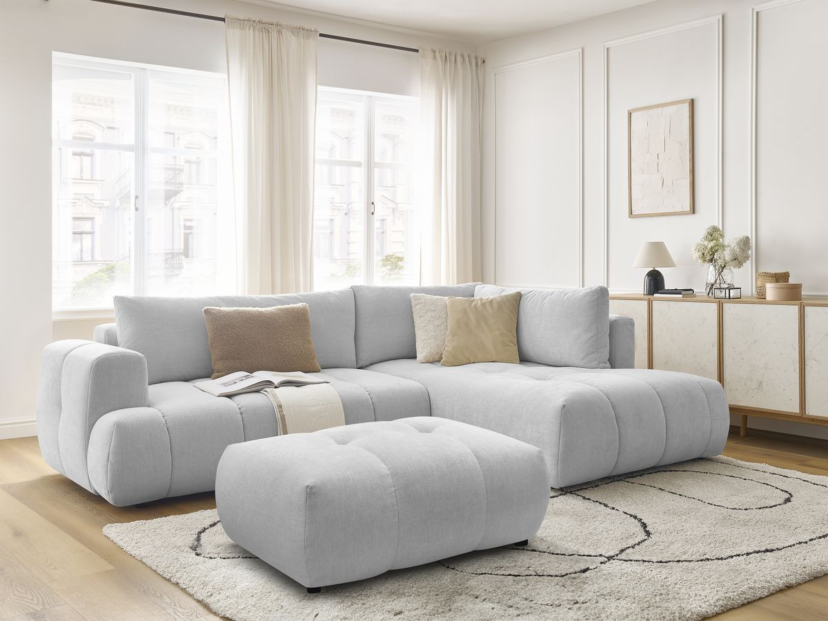Canapé d'angle L convertible FUJI tissu lisse avec pouf