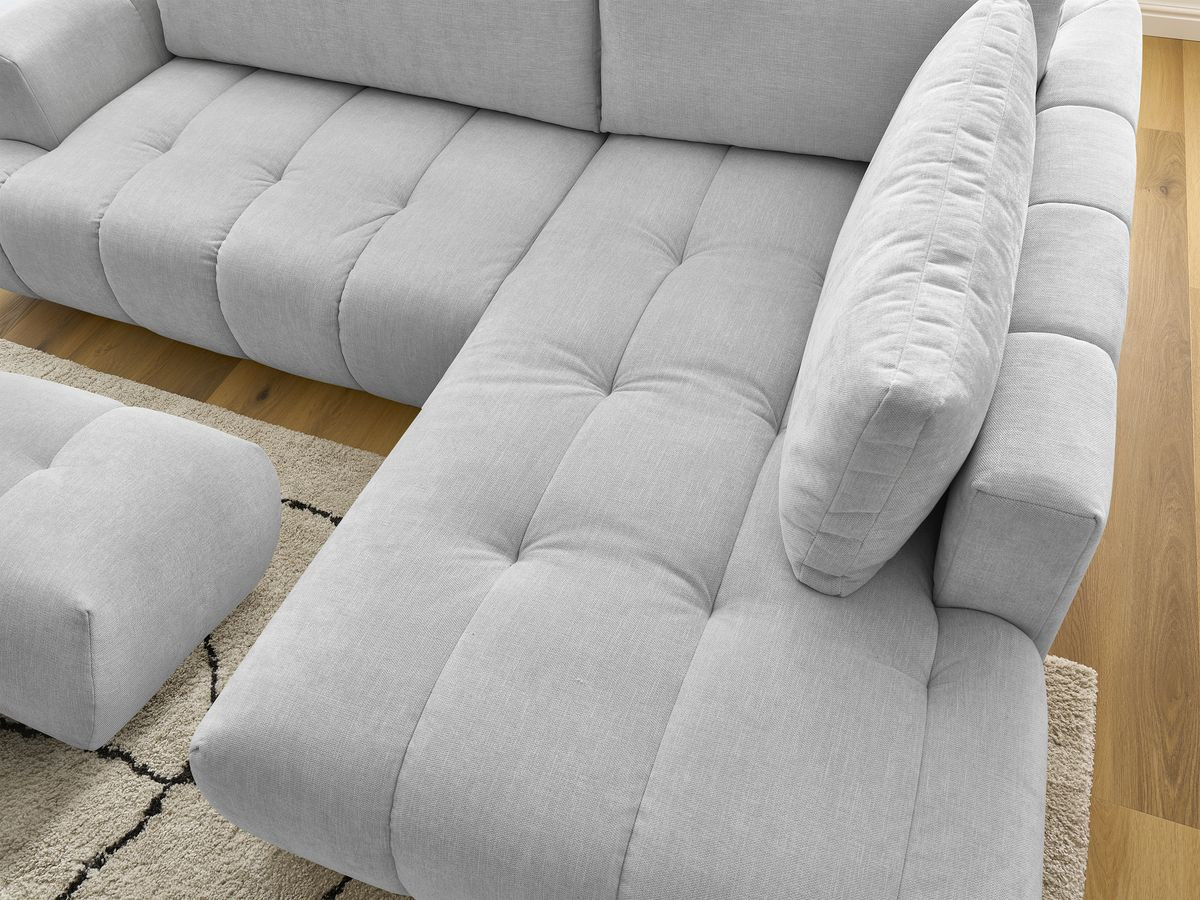 Canapé d'angle L convertible FUJI tissu lisse avec pouf