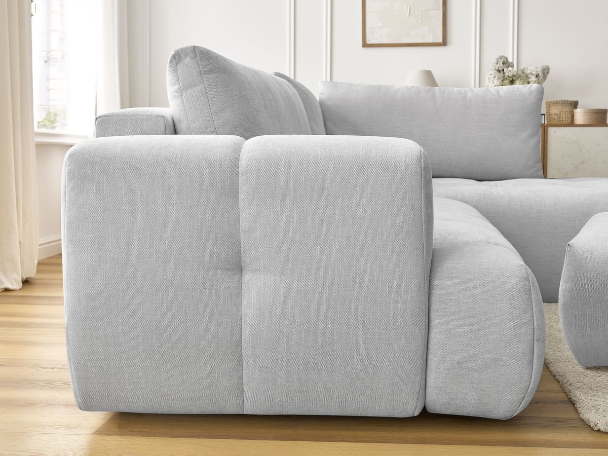 Canapé d'angle L convertible FUJI tissu lisse avec pouf