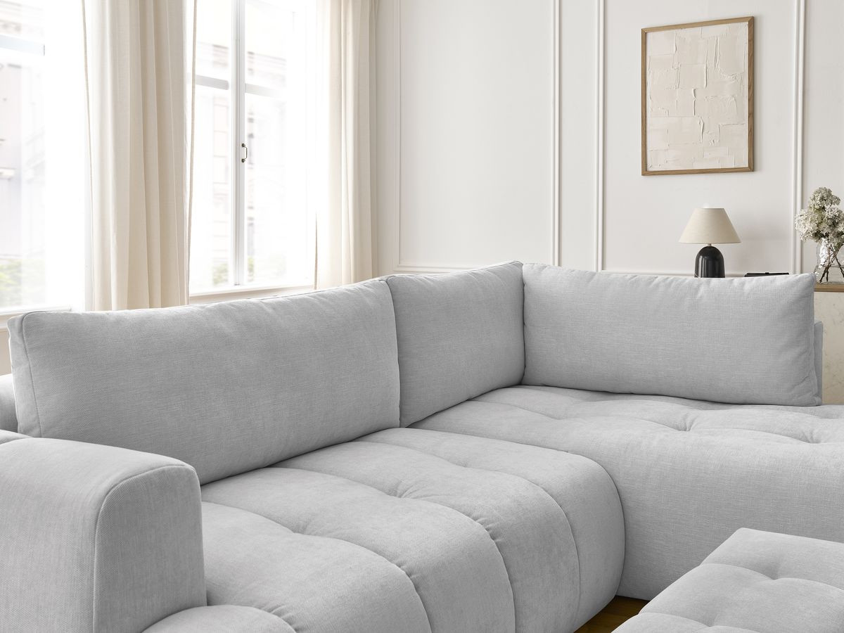 Canapé d'angle L convertible FUJI tissu lisse avec pouf