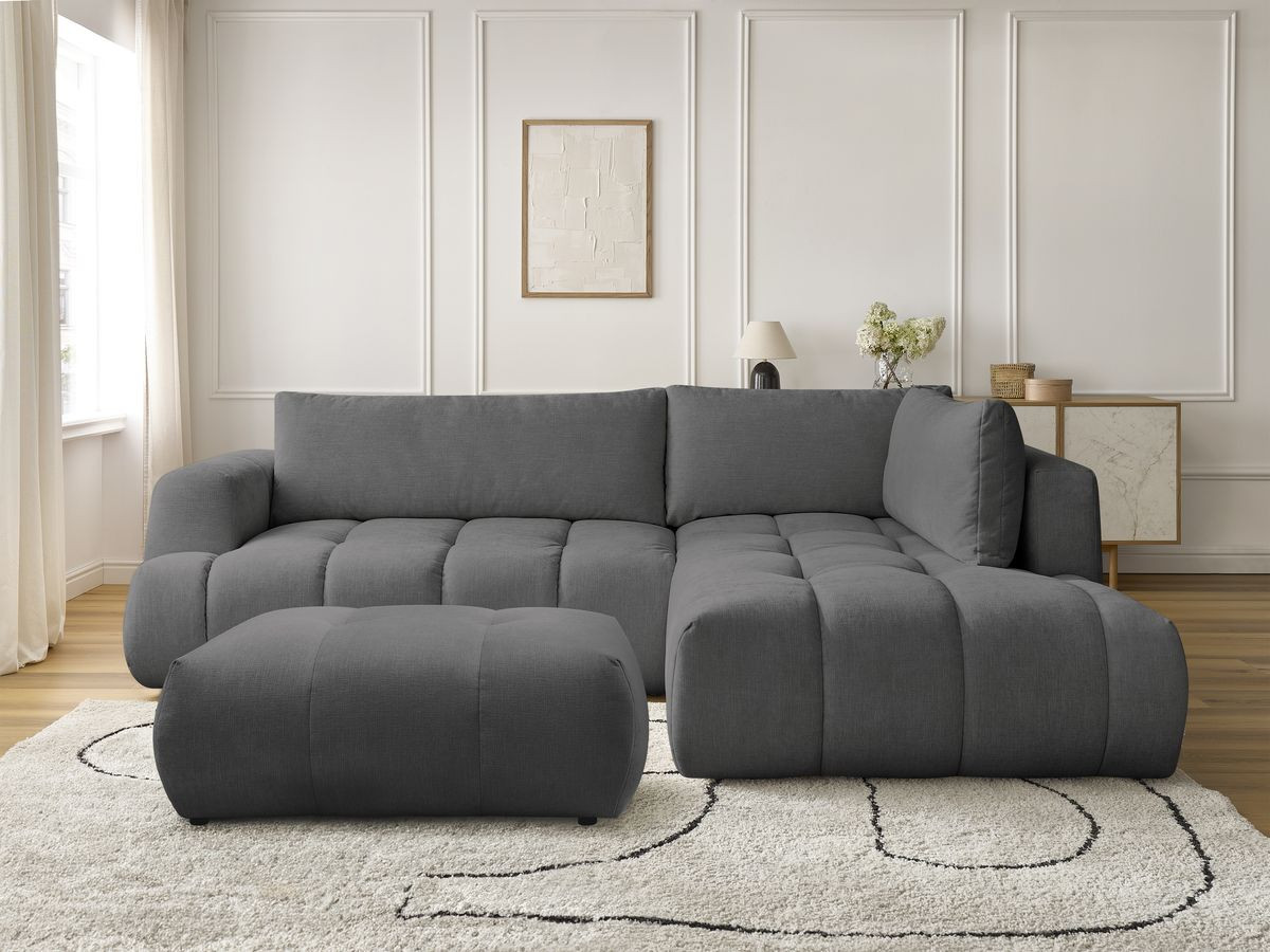 Canapé d'angle L convertible FUJI lisse avec pouf gris foncé — vue 5