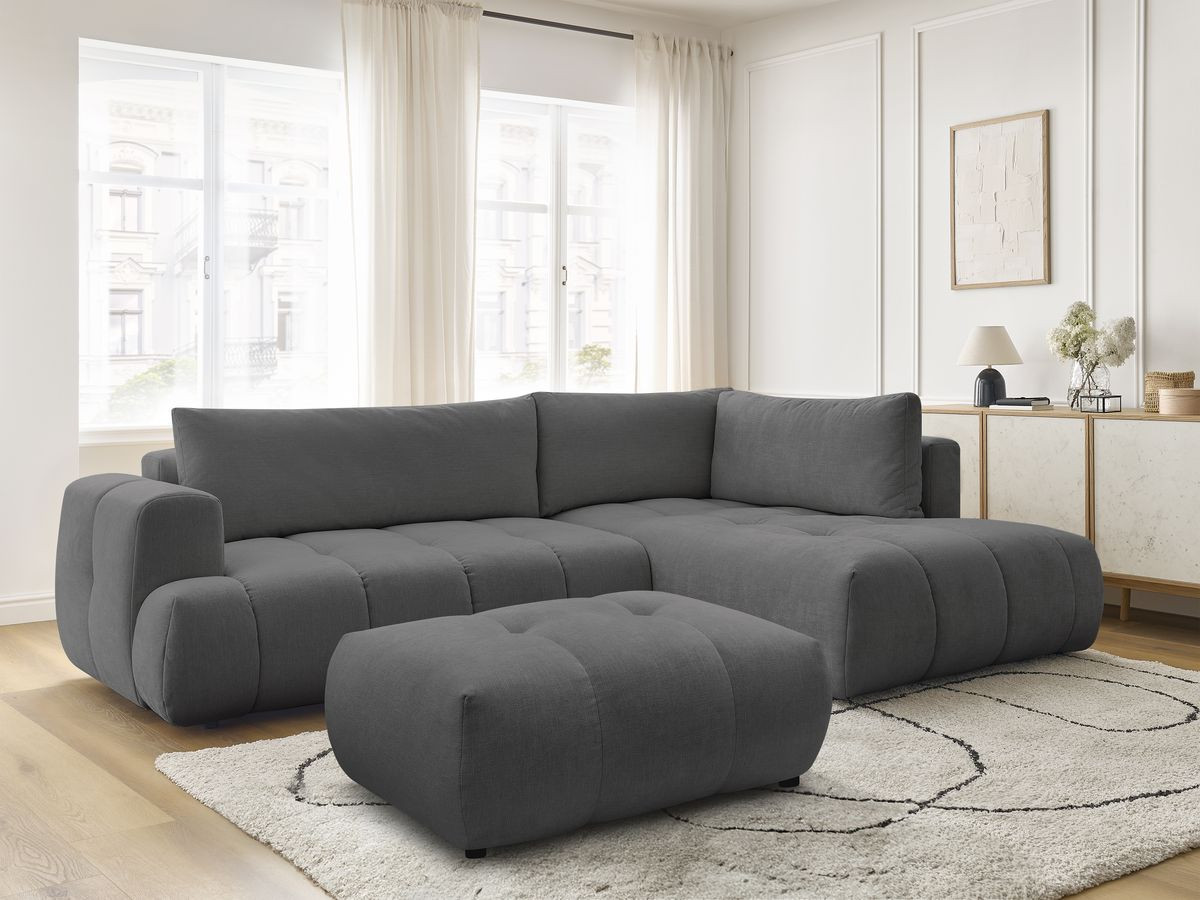 Canapé d'angle L convertible FUJI tissu lisse avec pouf