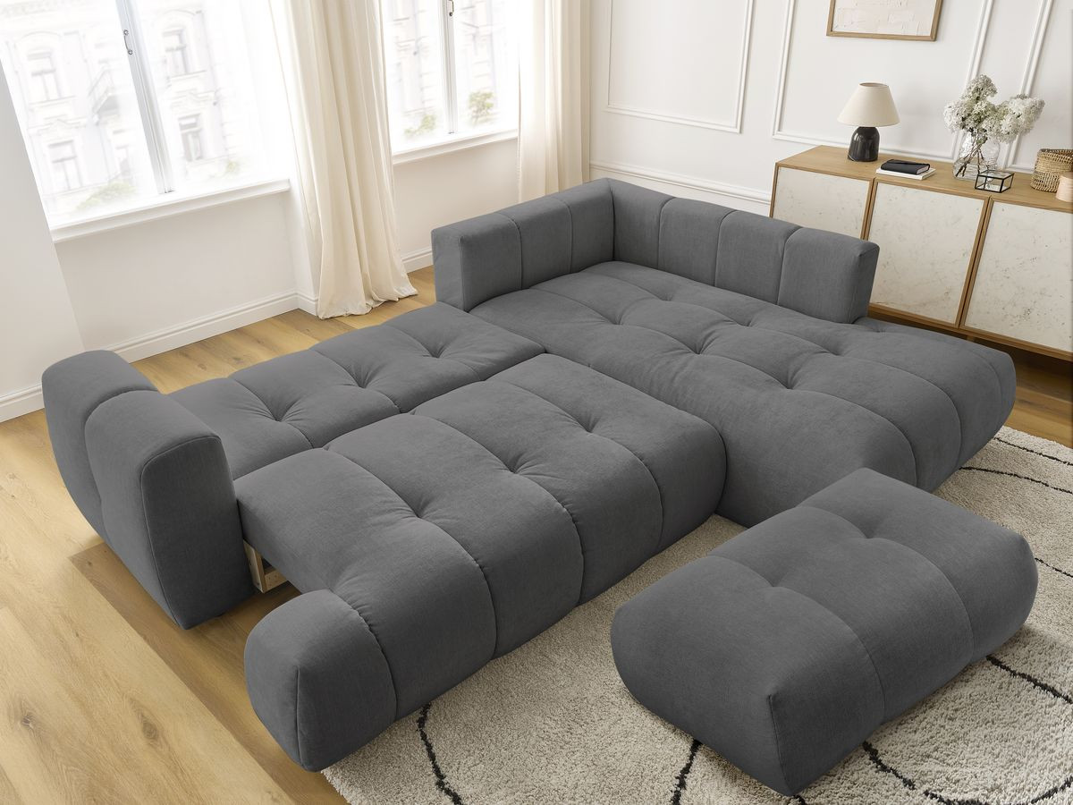 Canapé d'angle L convertible FUJI tissu lisse avec pouf