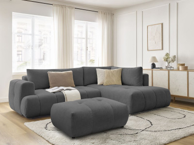 Canapé d'angle L convertible FUJI tissu lisse avec pouf