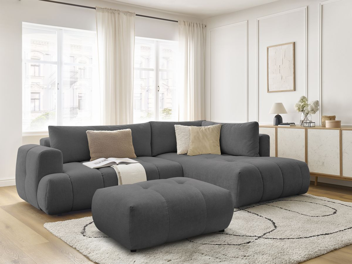 Canapé d'angle L convertible FUJI tissu lisse avec pouf