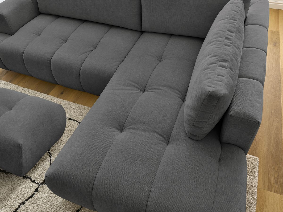 Canapé d'angle L convertible FUJI tissu lisse avec pouf
