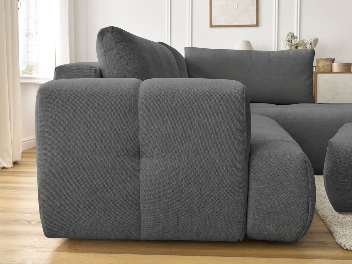 Canapé d'angle L convertible FUJI tissu lisse avec pouf