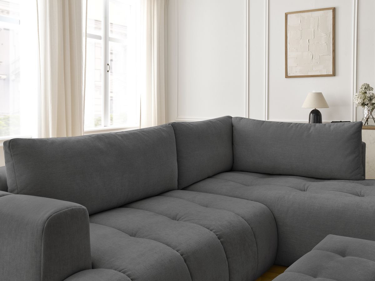 Canapé d'angle L convertible FUJI tissu lisse avec pouf