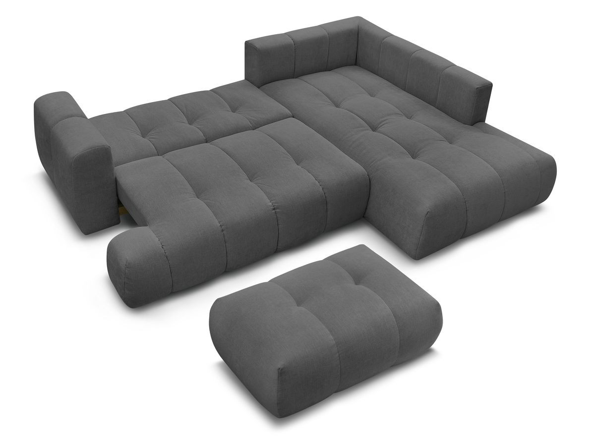 Canapé d'angle L convertible FUJI tissu lisse avec pouf