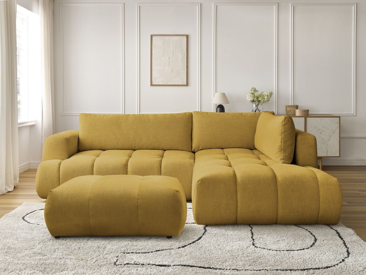 Canapé d'angle L convertible FUJI lisse avec pouf jaune — vue 5