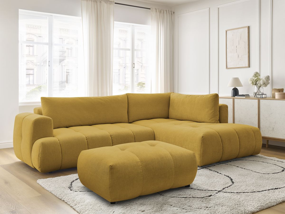 Canapé d'angle L convertible FUJI tissu lisse avec pouf