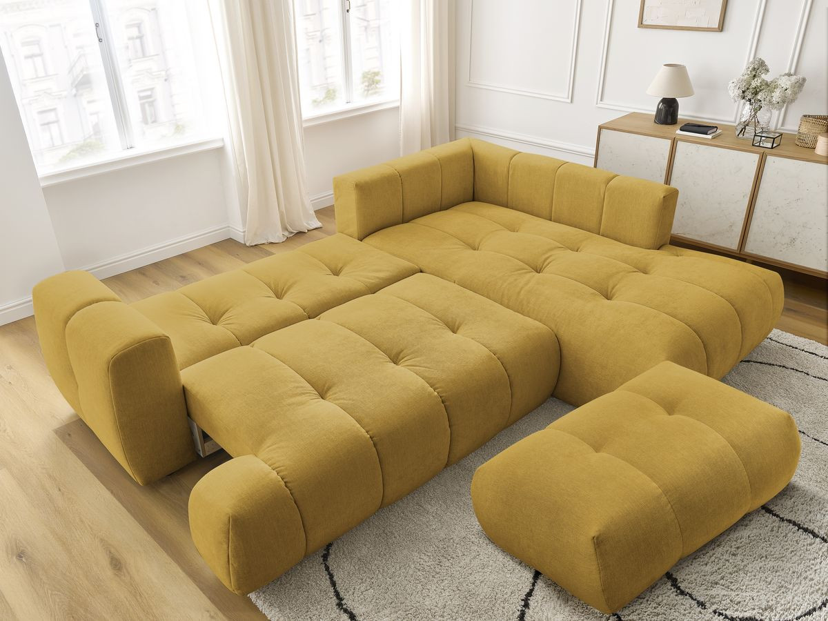 Canapé d'angle L convertible FUJI tissu lisse avec pouf