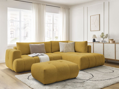Canapé d'angle L convertible FUJI tissu lisse avec pouf