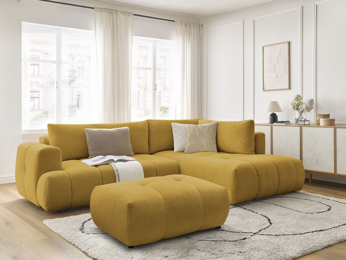 Canapé d'angle L convertible FUJI tissu lisse avec pouf