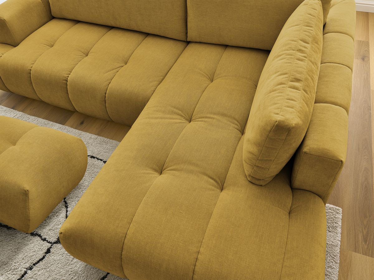 Canapé d'angle L convertible FUJI tissu lisse avec pouf