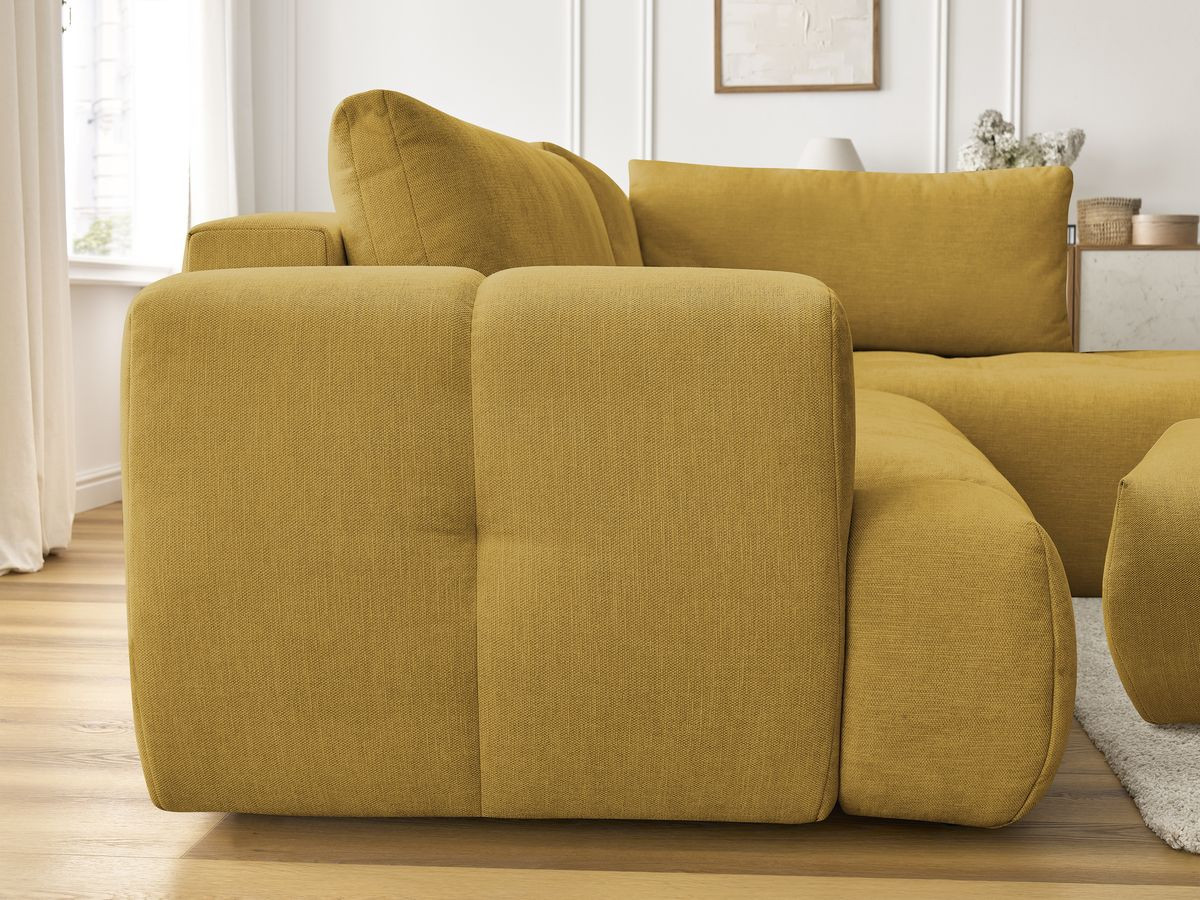Canapé d'angle L convertible FUJI tissu lisse avec pouf