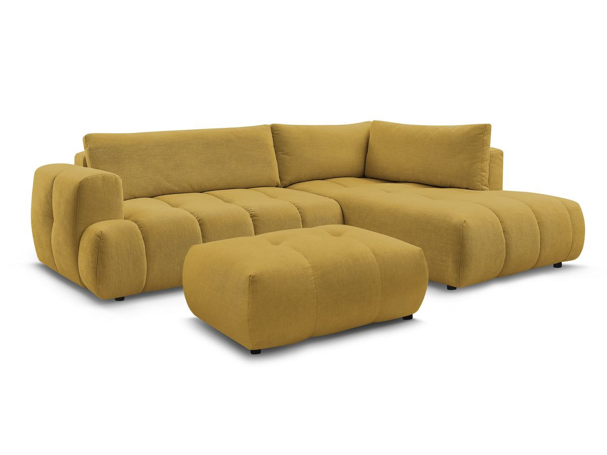 Canapé d'angle L convertible FUJI tissu lisse avec pouf