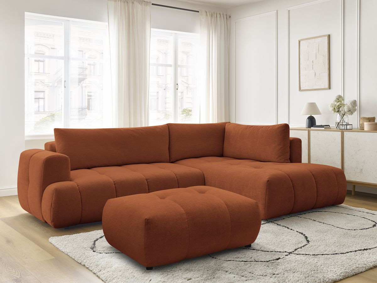 Canapé d'angle L convertible FUJI tissu lisse avec pouf