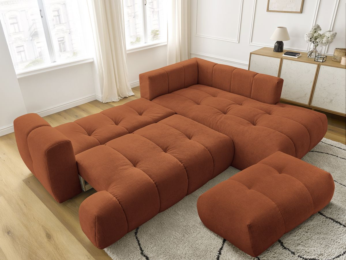 Canapé d'angle L convertible FUJI tissu lisse avec pouf