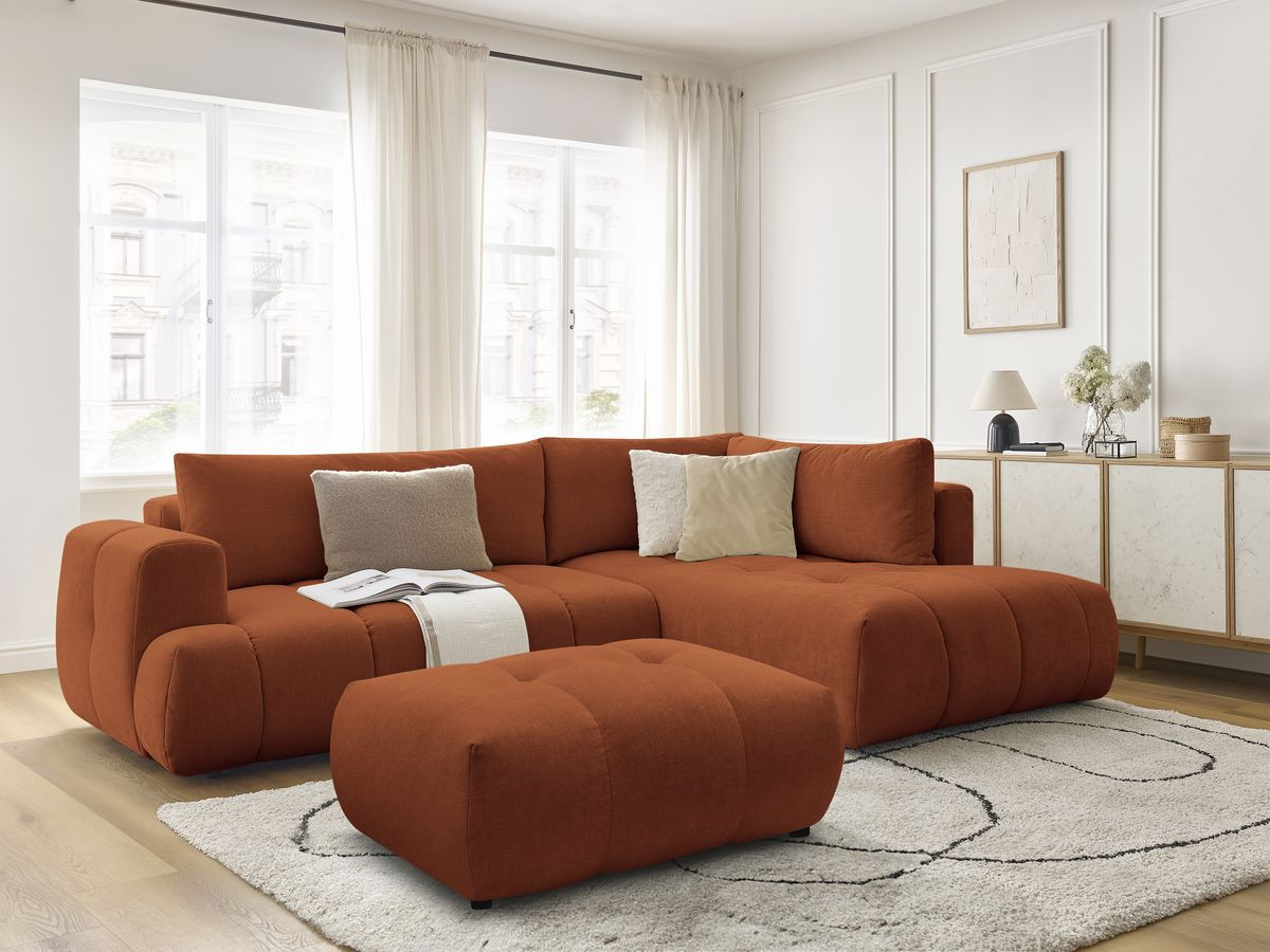 Canapé d'angle L convertible FUJI tissu lisse avec pouf