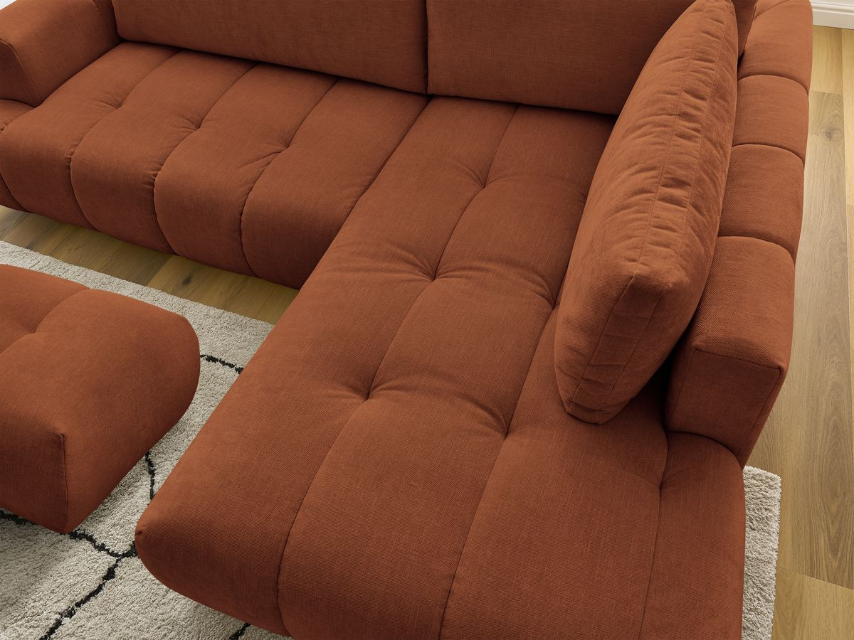 Canapé d'angle L convertible FUJI tissu lisse avec pouf