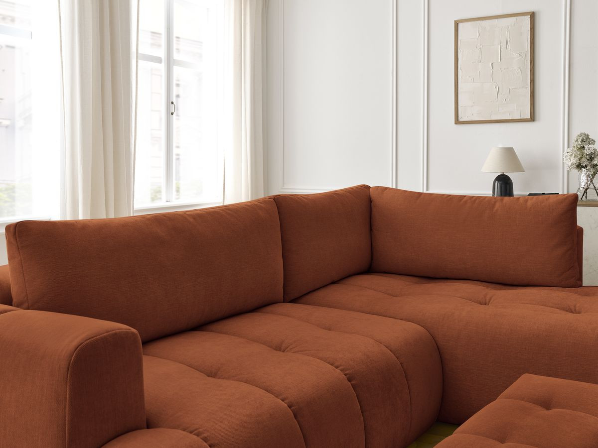 Canapé d'angle L convertible FUJI tissu lisse avec pouf