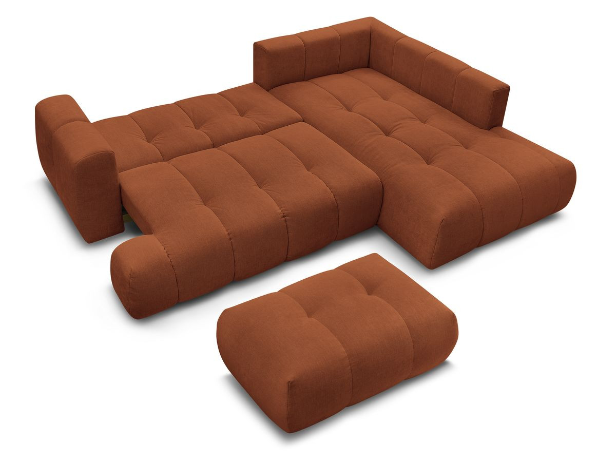 Canapé d'angle L convertible FUJI tissu lisse avec pouf
