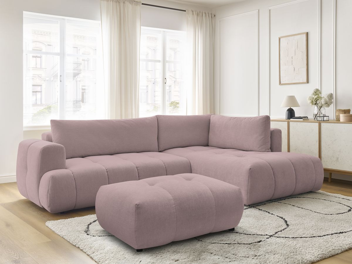 Canapé d'angle L convertible FUJI tissu lisse avec pouf