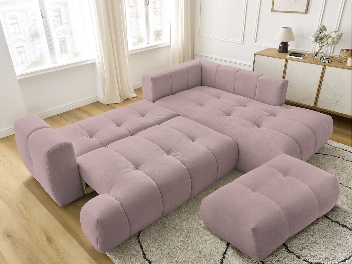 Canapé d'angle L convertible FUJI tissu lisse avec pouf