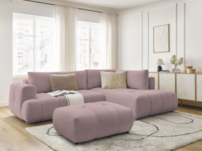 Canapé d'angle L convertible FUJI tissu lisse avec pouf